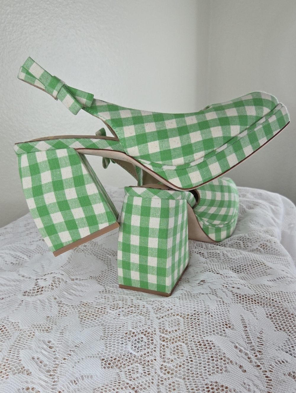 ANTONIO MELANI Green and White Gingham Platform Slingback Heels 8.5M Sling Back